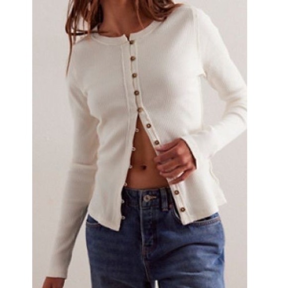 Free People Sweaters - Free People We The Free Its on Cardi Ivory Ribbed Slim Cardigan Y2K 90s - XLarge